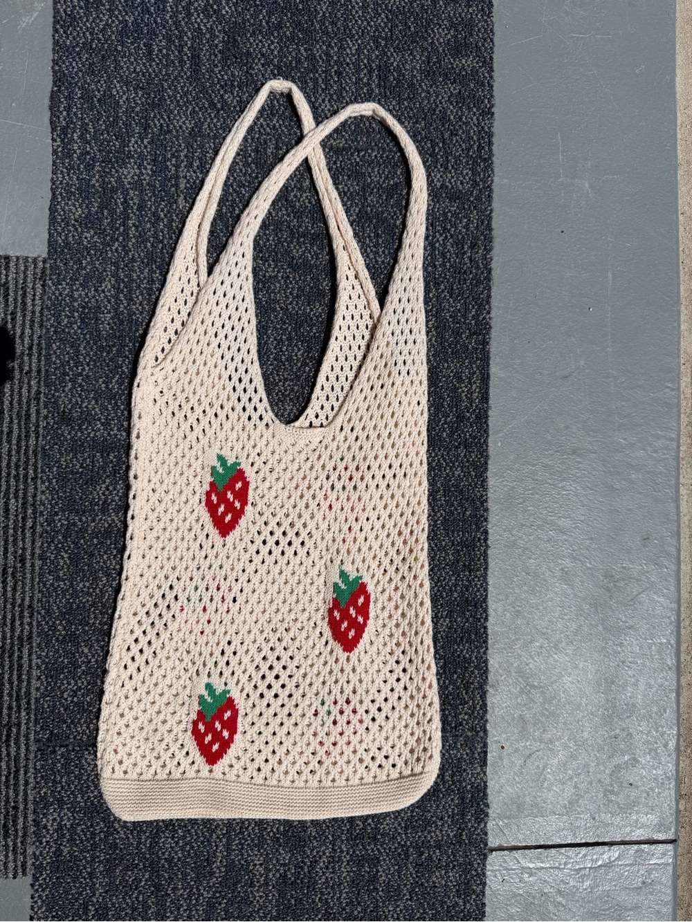 Cream Knit Strawberry-Embroidered Market Tote